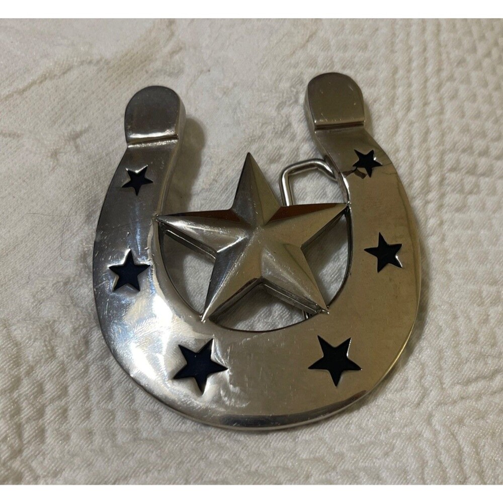 Vintage Original Silver Star Horseshoe Belt Buckle USA Western Country Rodeo